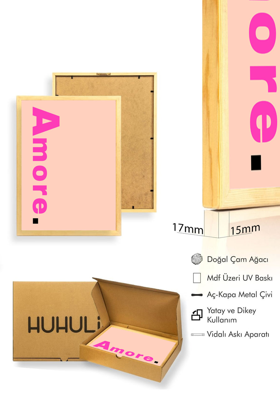 Doğal Ahşap Çerçeveli Retro Amore Yazı Tipi Tablo - Pembe | huhu2426