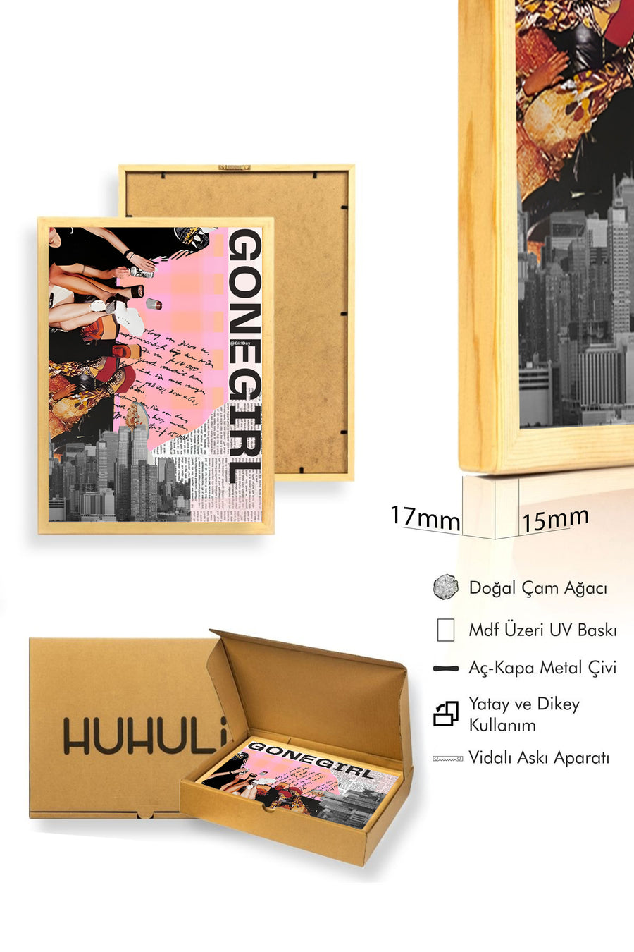 Doğal Ahşap Çerçeveli Tablo - Retro Pop Art Moda Collage | huhu2429
