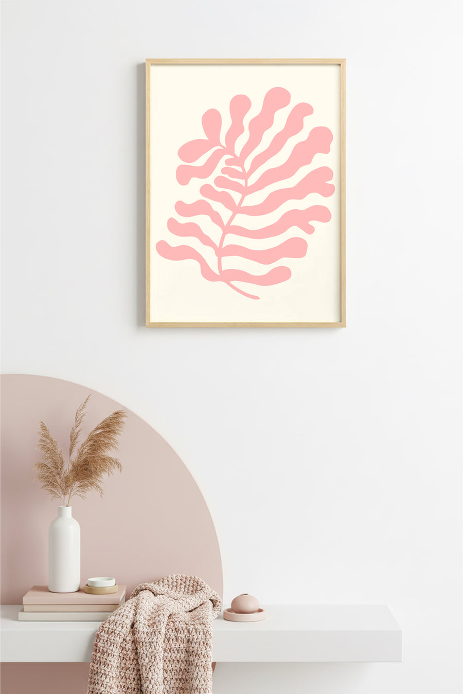 Doğal Ahşap Çerçeveli Retro Yaprak Desen Tablo - Pastel Tonlar | huhu2433