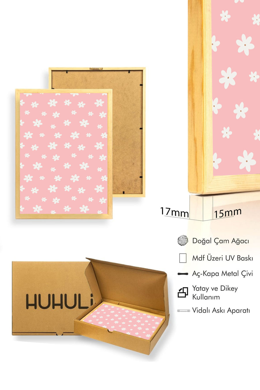 Doğal Ahşap Çerçeveli Retro Floral Çiçek Desenli Tablo - Pastel Tonlar | huhu2435