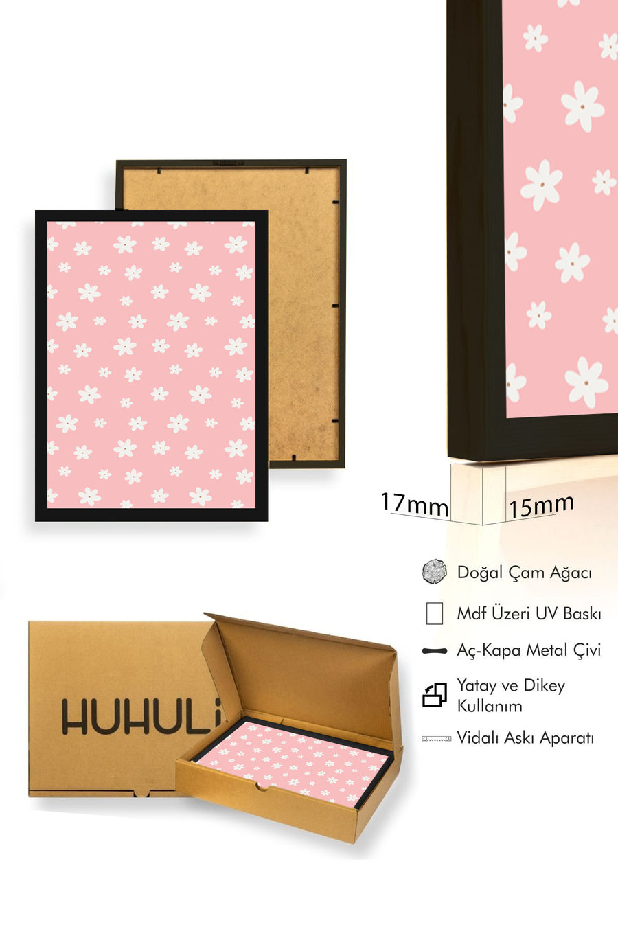 Doğal Ahşap Çerçeveli Retro Floral Çiçek Desenli Tablo - Pastel Tonlar | huhu2435