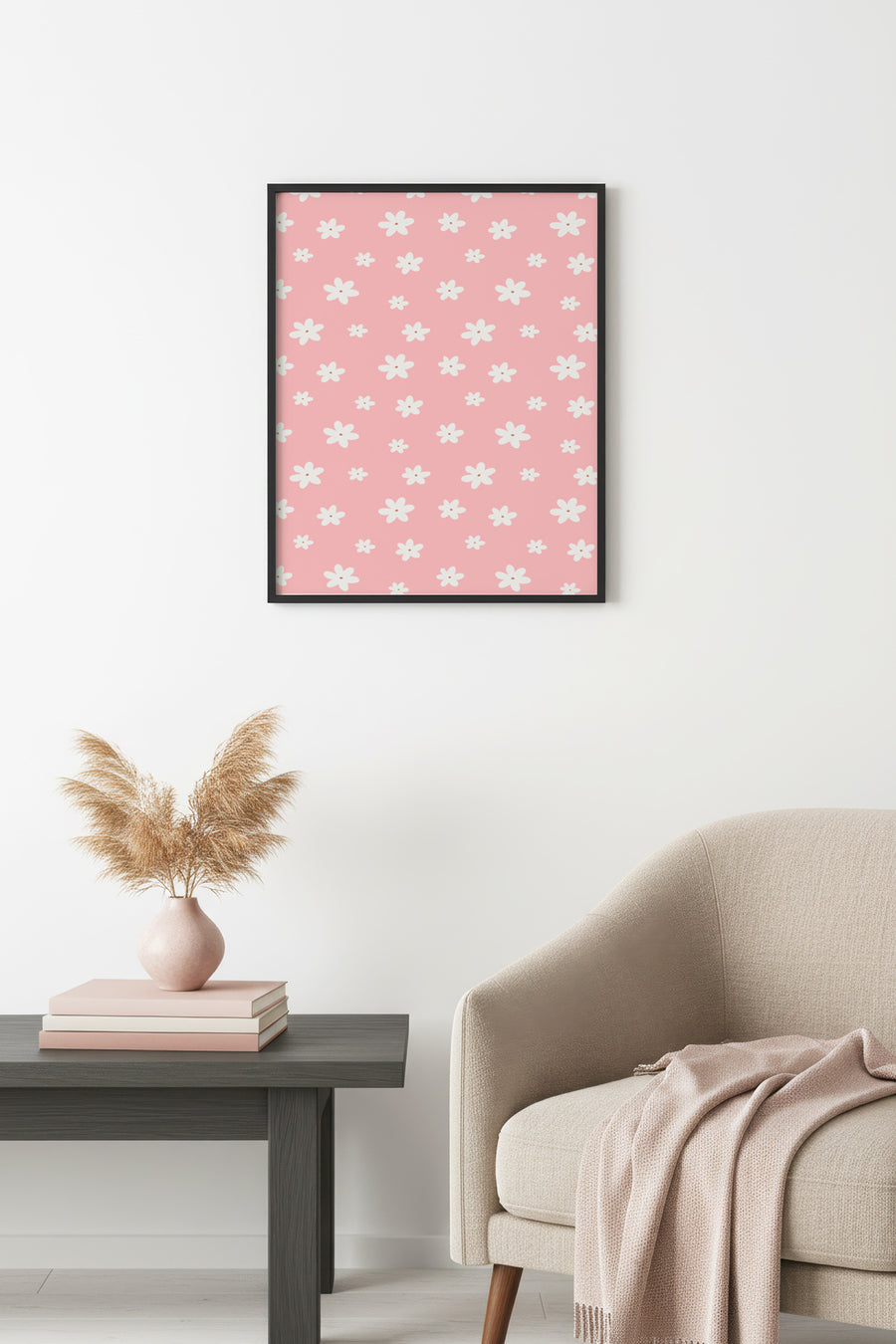 Doğal Ahşap Çerçeveli Retro Floral Çiçek Desenli Tablo - Pastel Tonlar | huhu2435