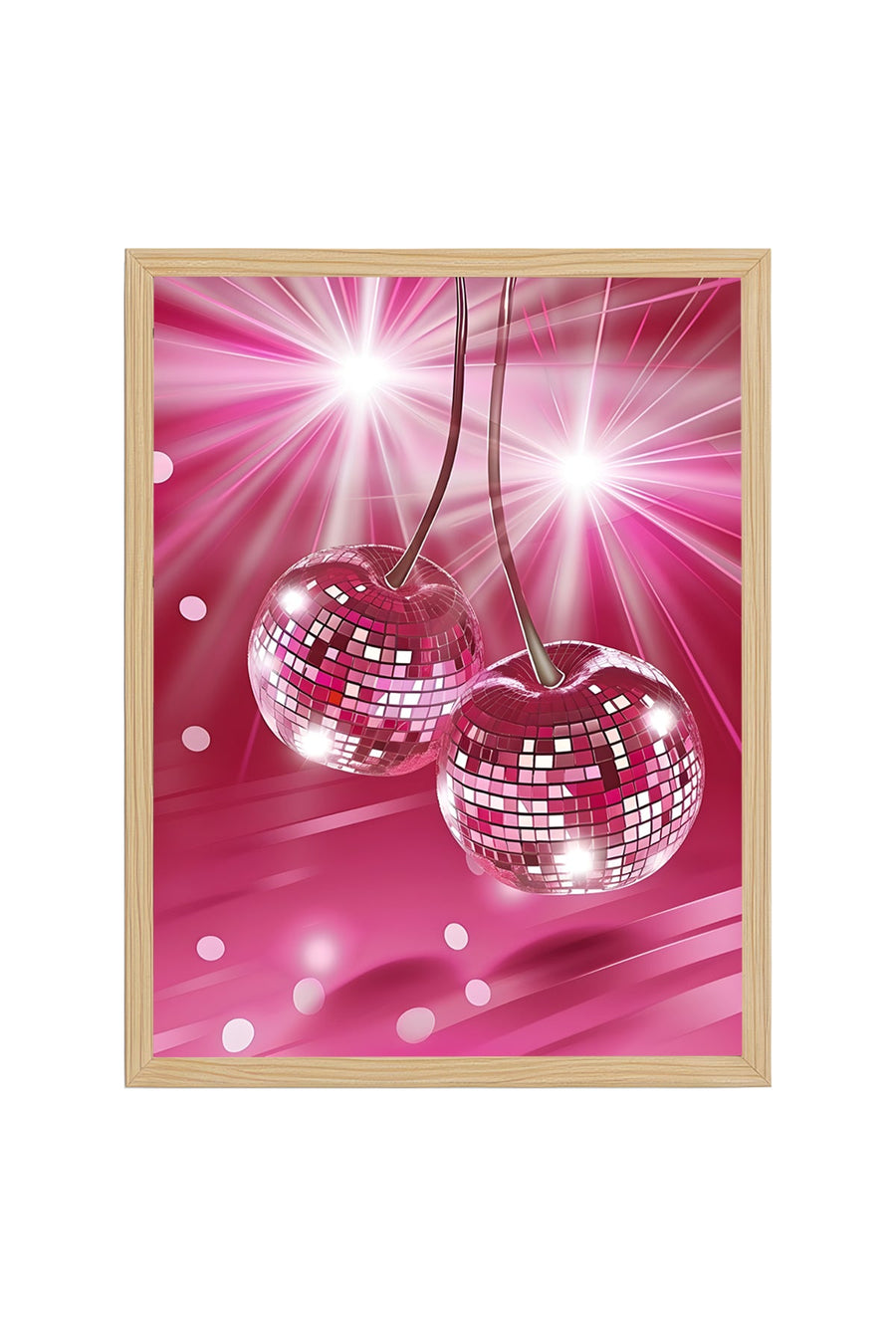 Doğal Ahşap Çerçeveli Retro Disco Çilek Tablo - Pembe Işıltı | huhu2440