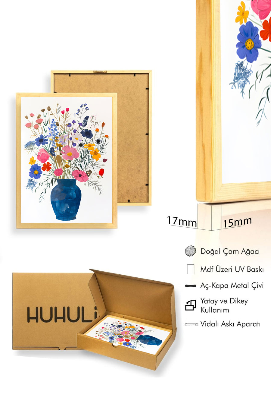 Doğal Ahşap Çerçeveli Retro Çiçek Tablo - Pastel Tonlarda Bahar Buketi | huhu2443