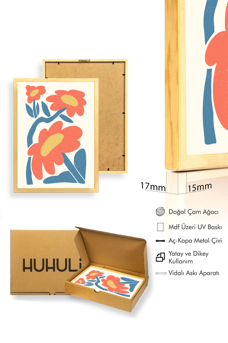 Doğal Ahşap Çerçeveli Retro Pop Art Çiçek Tablo - Canlı Tonlar | huhu2446