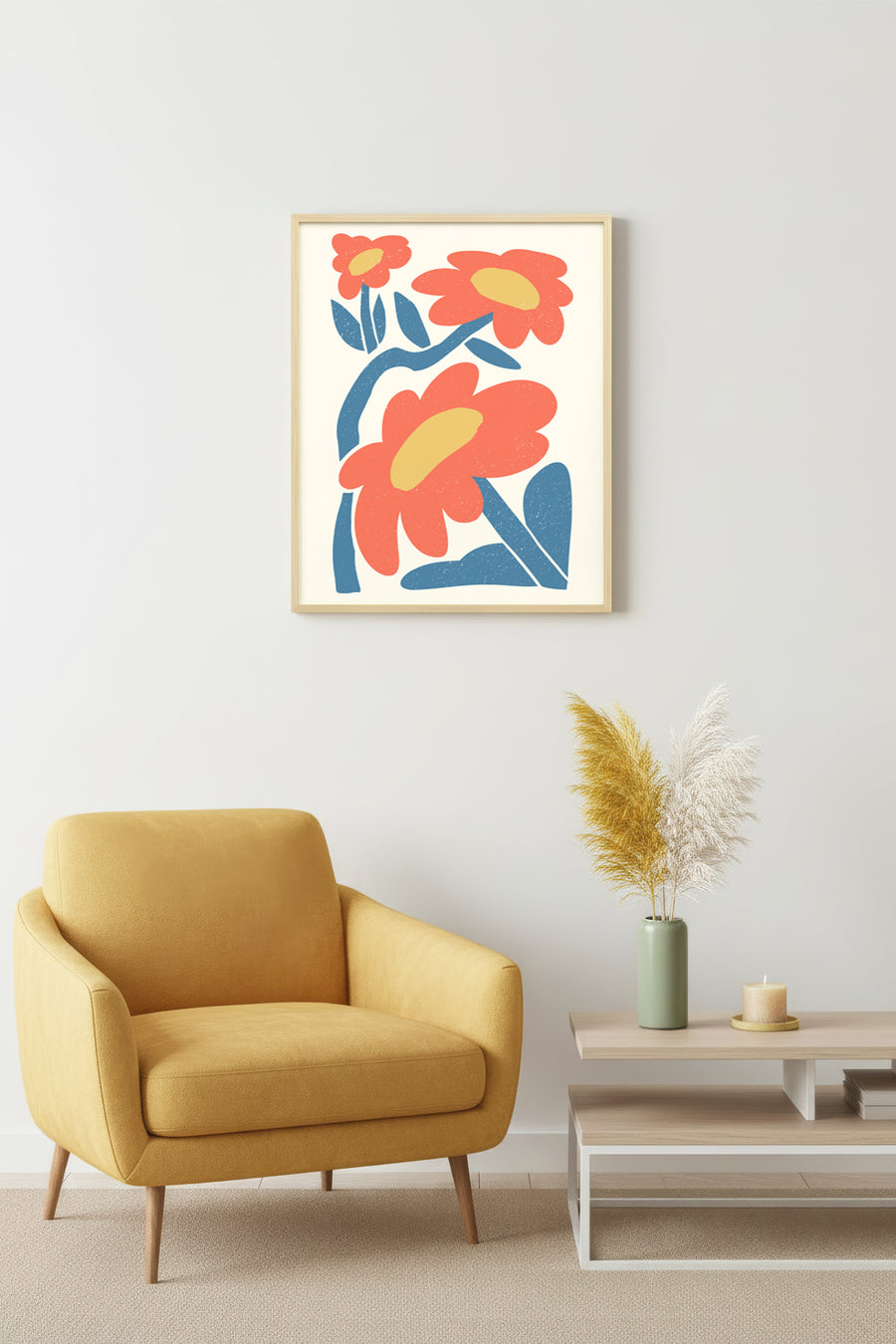 Doğal Ahşap Çerçeveli Retro Pop Art Çiçek Tablo - Canlı Tonlar | huhu2446