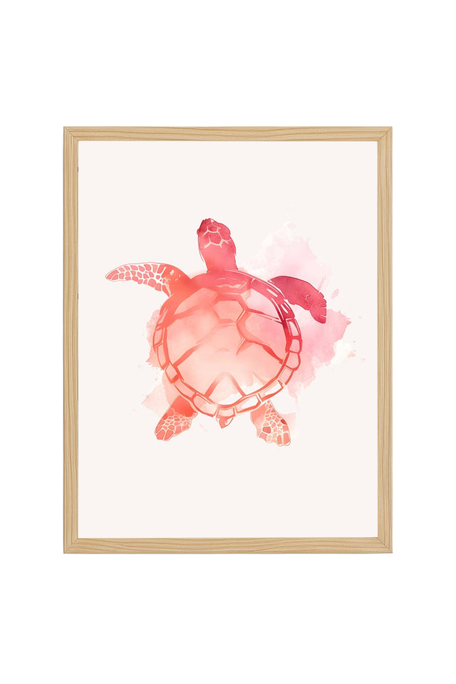 Doğal Ahşap Çerçeveli Retro Tablo - Pastel Tonlarda Deniz Kaplumbağası | huhu2452