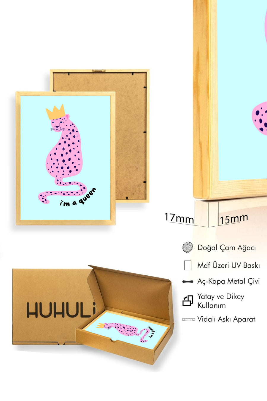 Doğal Ahşap Çerçeveli Retro Kraliçe Kaplan Tablo - Pop Art Tarz | huhu2463
