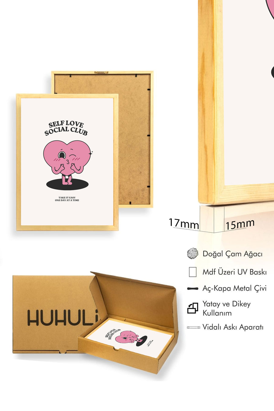 Doğal Ahşap Çerçeveli Retro Tablo - Kendine İyi Bak Kalp Tasarım | huhu2472