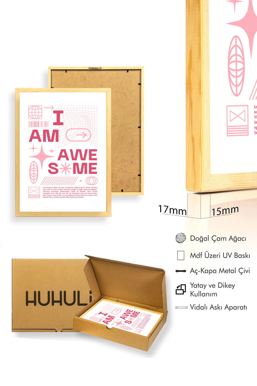 Doğal Ahşap Çerçeveli Retro Typografi Tablo - I Am Awesome Yazılı Motivasyonel | huhu2475