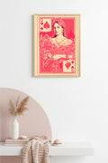 Doğal Ahşap Çerçeveli Retro Portre Tablo - Vintage Pembe Kız Portresi | huhu2476