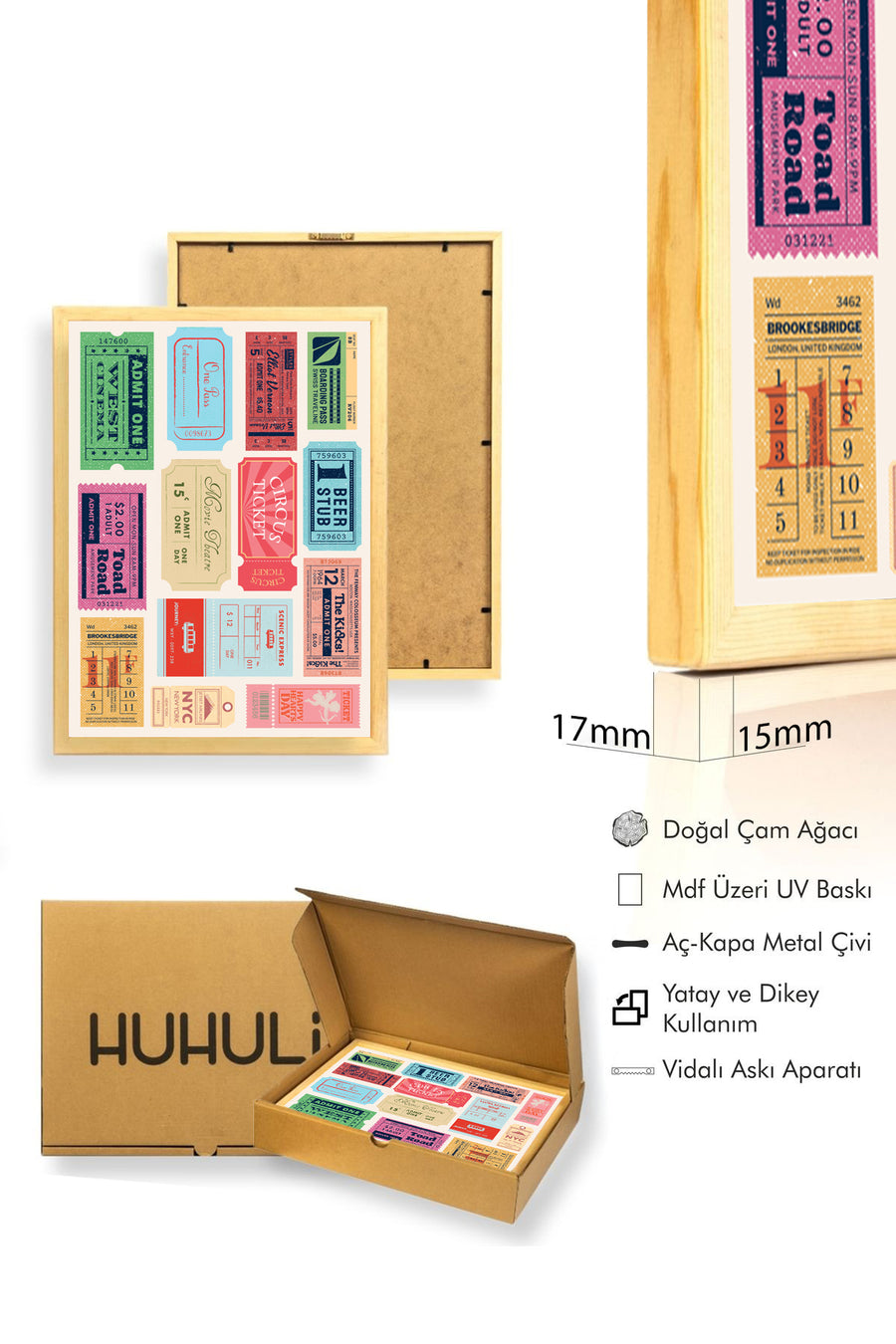 Doğal Ahşap Çerçeveli Retro Vintage Seyahat Bileti Kolajı Tablo - Pop Kültür | huhu2478