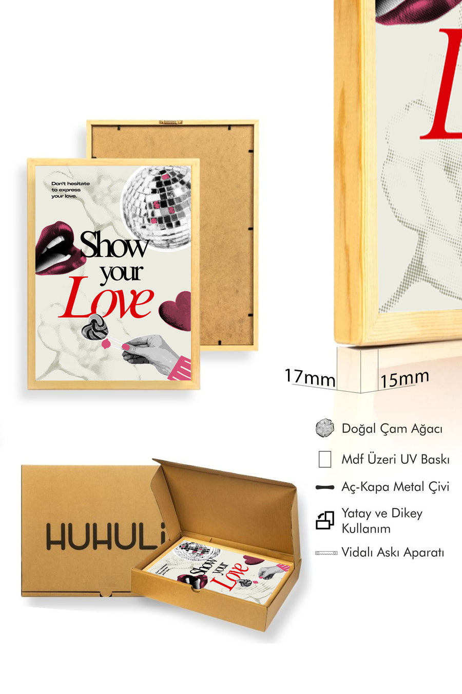 Doğal Ahşap Çerçeveli Retro Pop Art Tablo - Sevgi ve Pop Kültür | huhu2481