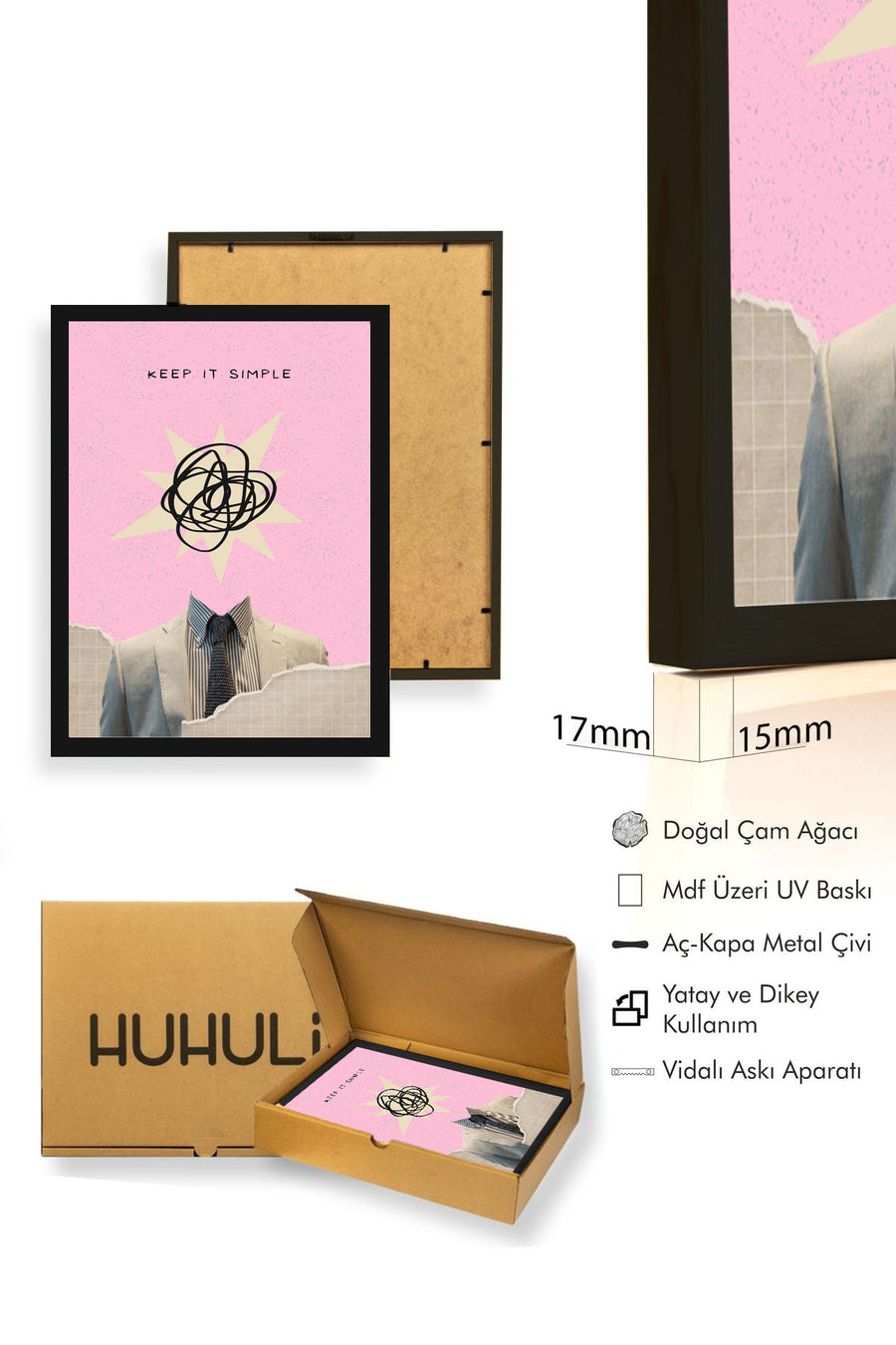 Doğal Ahşap Çerçeveli Retro Tablo - Minimalist Soyut Çizgi | huhu2483
