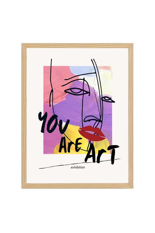 Doğal Ahşap Çerçeveli Retro Tablo - Pop Art Soyut Sanat Yüz Portresi | huhu2484