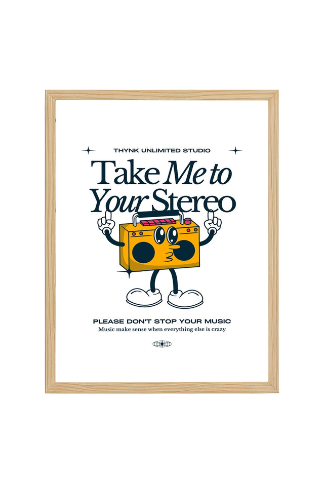 Doğal Ahşap Çerçeveli Retro Stereo Müzik Tablo - Vintage Pop Art | huhu2489