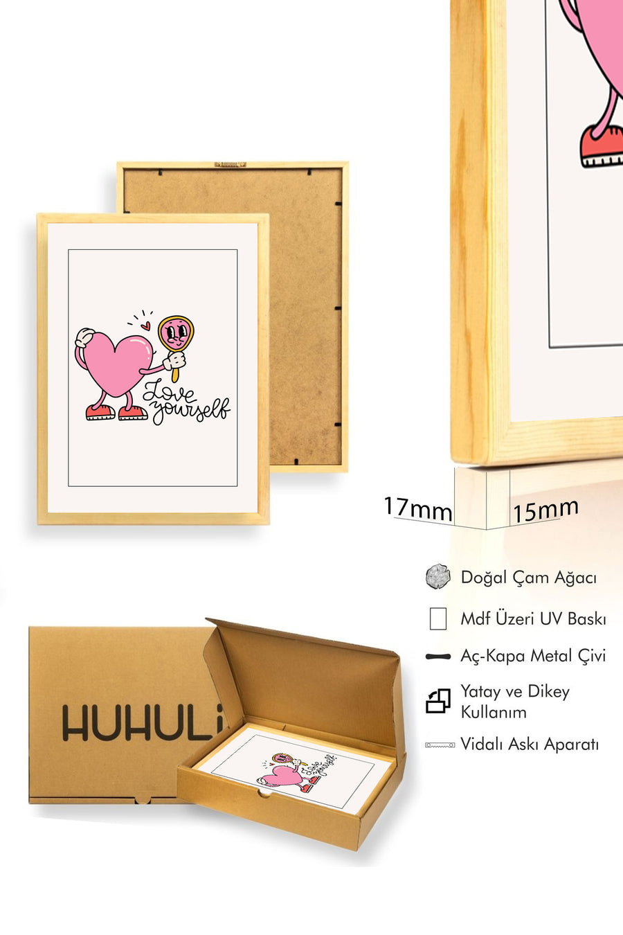 Doğal Ahşap Çerçeveli Retro Kalp Tablo - Self Love Pembe | huhu2492