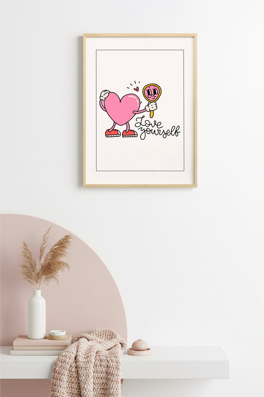 Doğal Ahşap Çerçeveli Retro Kalp Tablo - Self Love Pembe | huhu2492