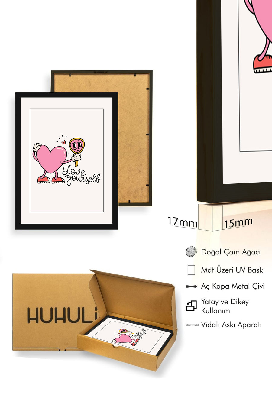 Doğal Ahşap Çerçeveli Retro Kalp Tablo - Self Love Pembe | huhu2492