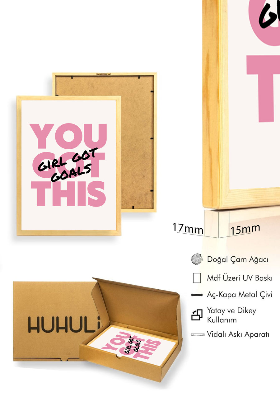 Doğal Ahşap Çerçeveli Retro Tipografi Tablo - Pembe Tonlar Motivasyon Sözü | huhu2493