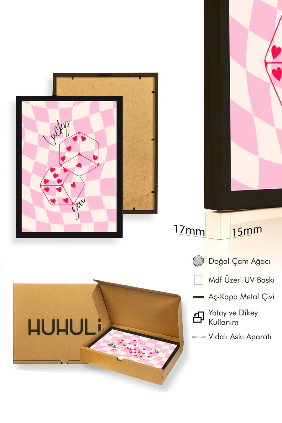 Doğal Ahşap Çerçeveli Retro Tablo - Kalp Desenli Romantik Geometrik | huhu2497