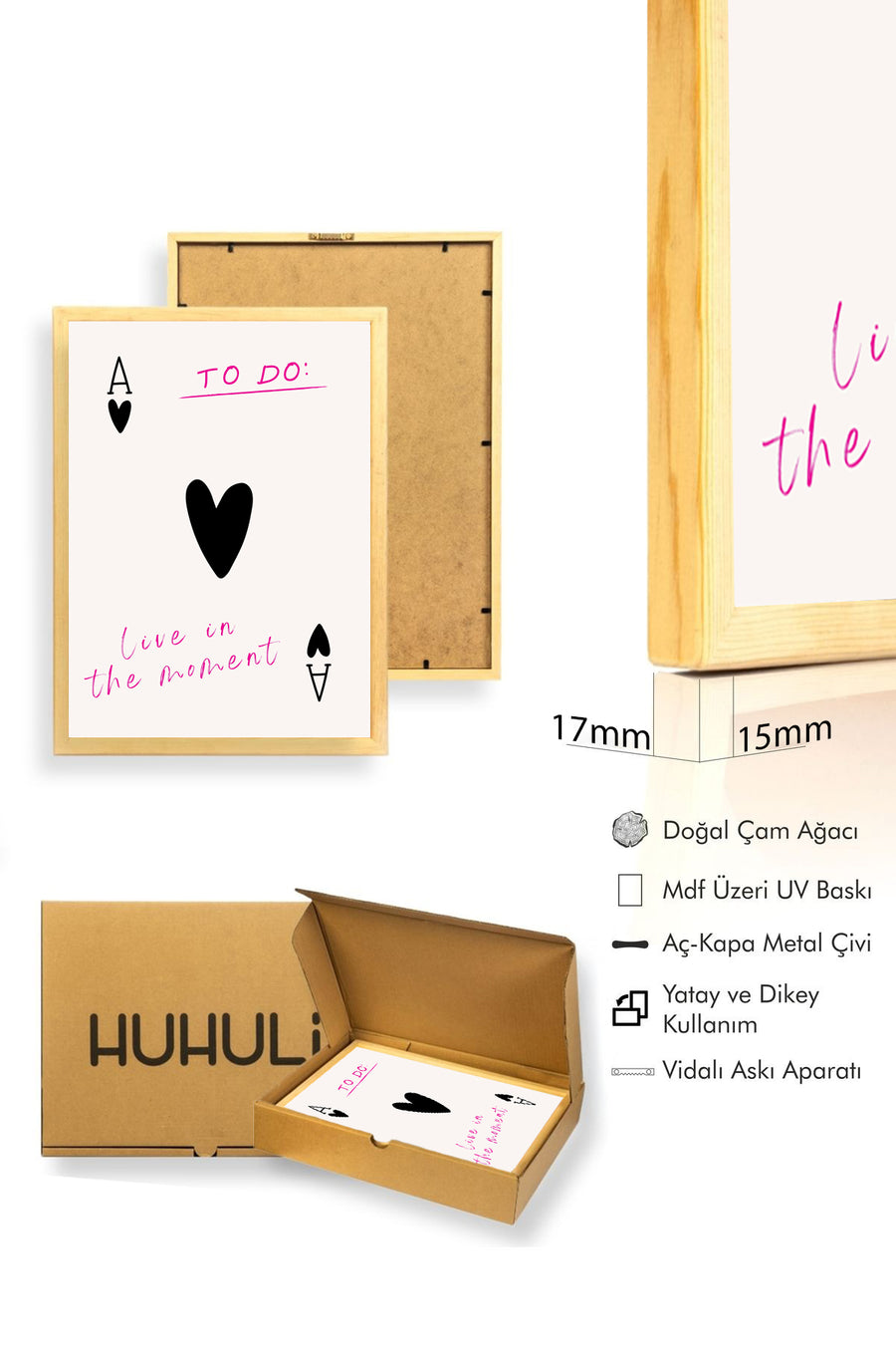 Doğal Ahşap Çerçeveli Retro Tablo - Minimalist Kalp ve Anlar | huhu2507