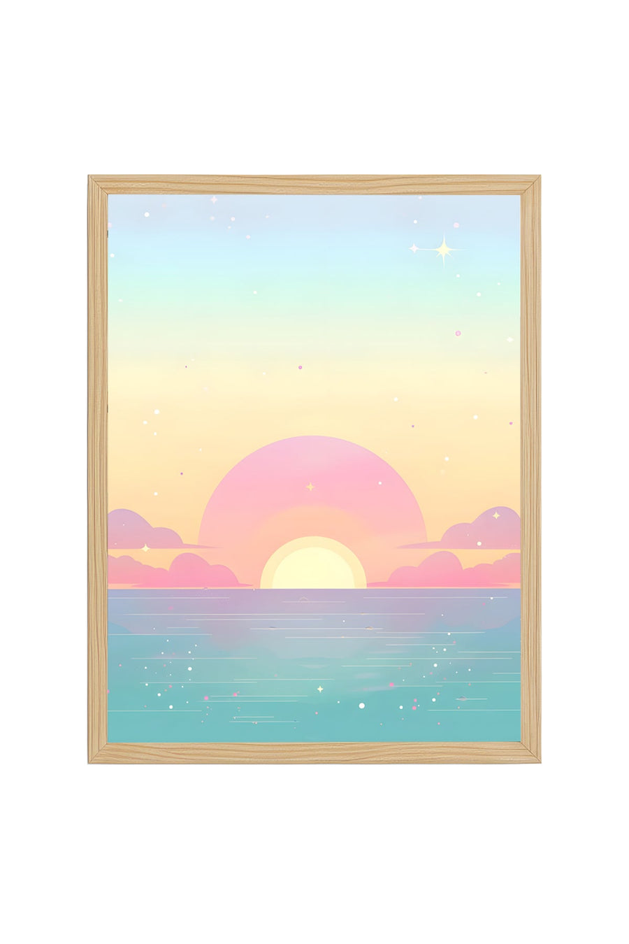 Doğal Ahşap Çerçeveli Retro Tablo - Pastel Tonlarda Gün Batımı Deniz Manzarası | huhu2510