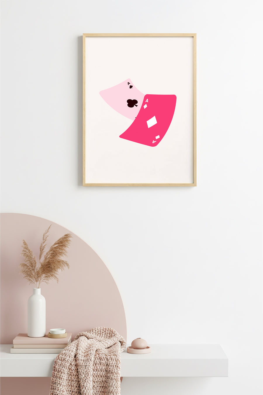 Doğal Ahşap Çerçeveli Retro Oyun Kartı Tablo - Pembe Aslar | huhu2514