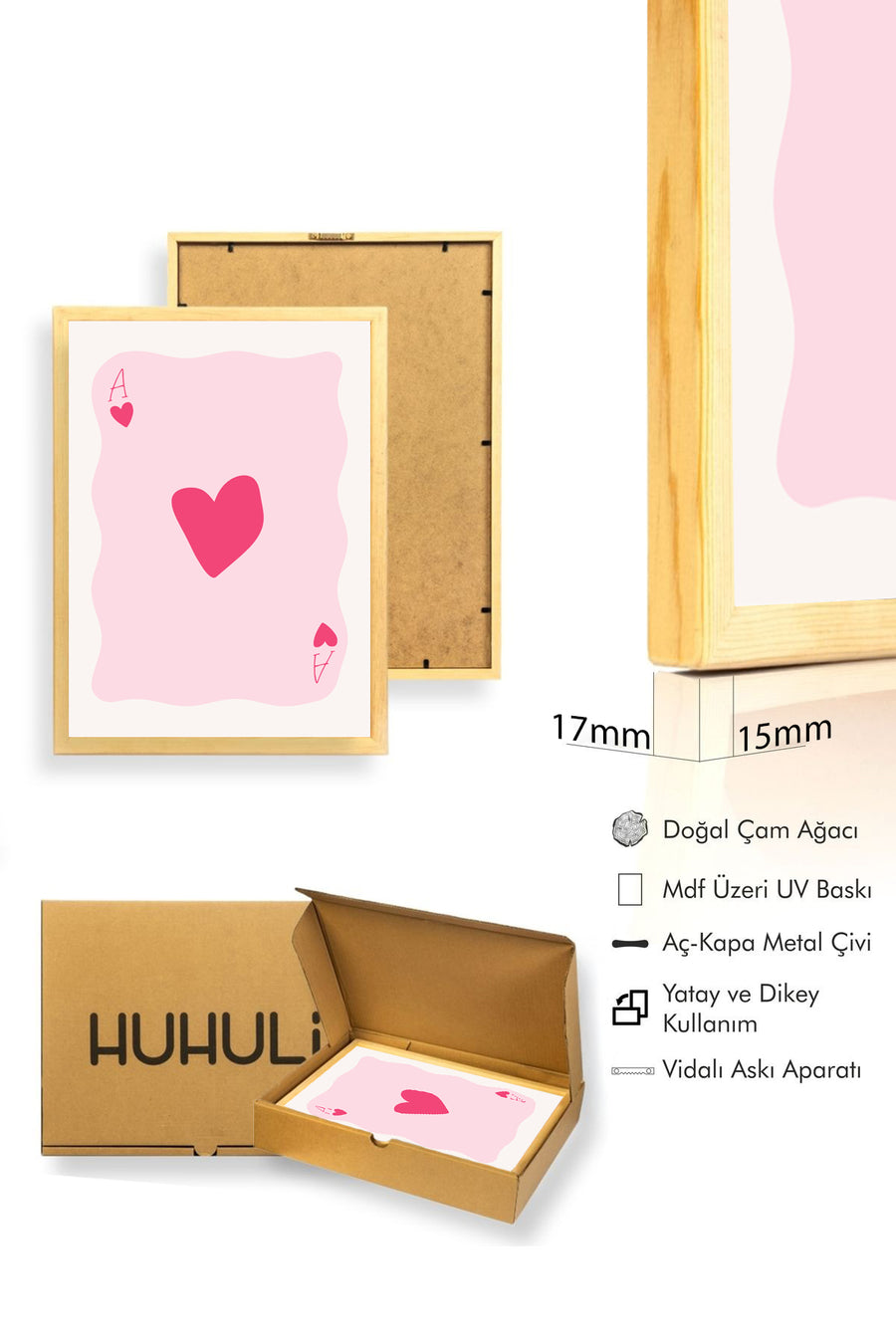 Doğal Ahşap Çerçeveli Retro Kalp Tablo - Romantik Minimalist Desen | huhu2515