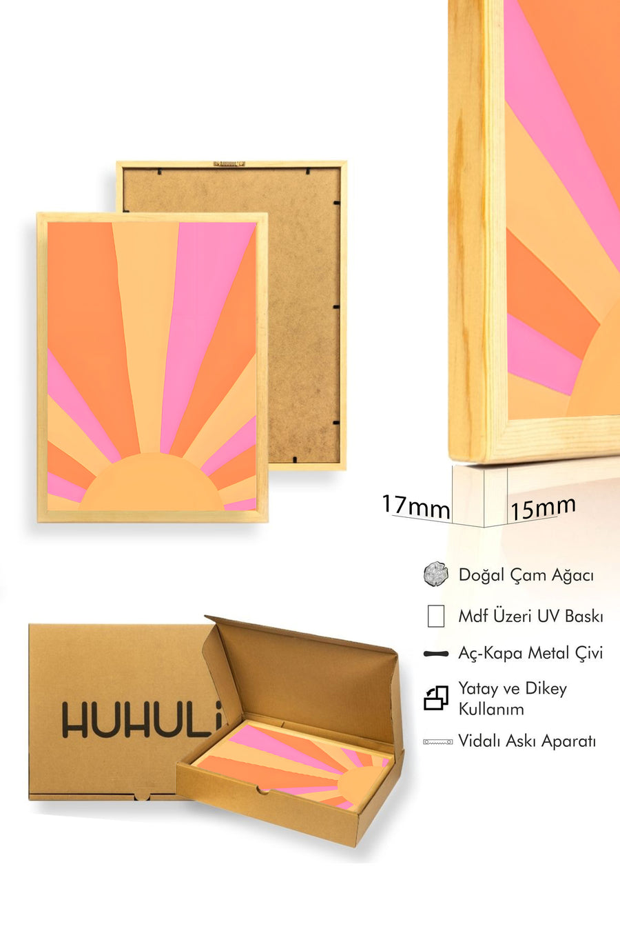 Doğal Ahşap Çerçeveli Retro Abstrak Tablo - Güneş Işını Pastel Tonlar | huhu2516