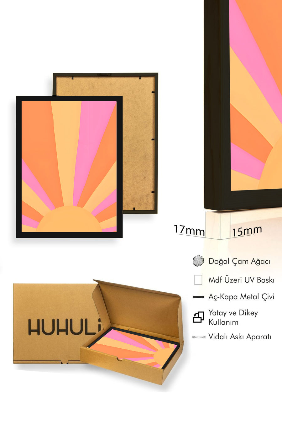 Doğal Ahşap Çerçeveli Retro Abstrak Tablo - Güneş Işını Pastel Tonlar | huhu2516