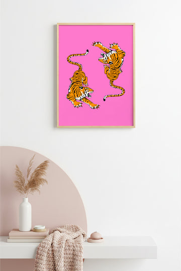 Doğal Ahşap Çerçeveli Retro Kaplan Pop Art Tablo - Orman Hayvanları | huhu2520