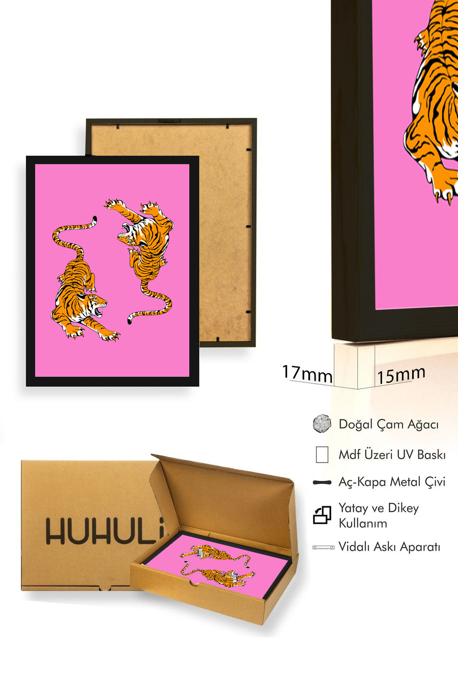 Doğal Ahşap Çerçeveli Retro Kaplan Pop Art Tablo - Orman Hayvanları | huhu2520