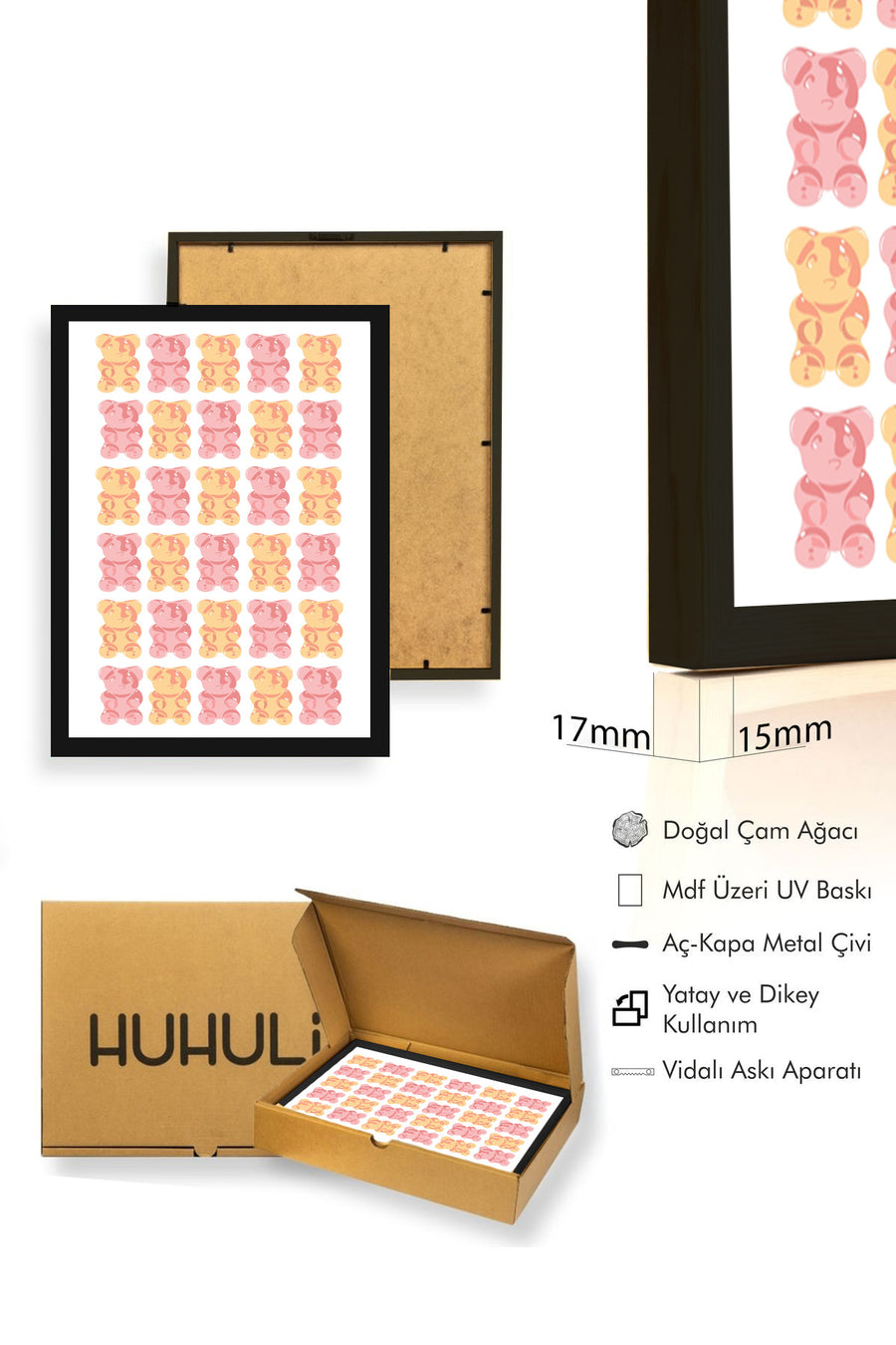 Doğal Ahşap Çerçeveli Tablo - Pastel Tonlarda Ayı Figürlü Dekoratif | huhu2521