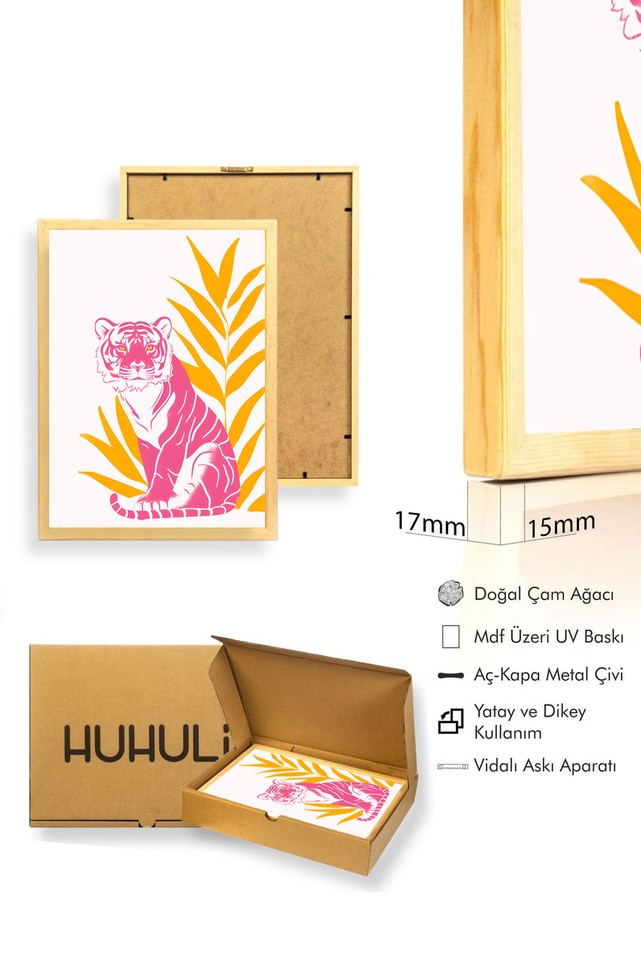 Doğal Ahşap Çerçeveli Retro Kaplan Tablo - Pop Art Hayvan İllüstrasyonu | huhu2522