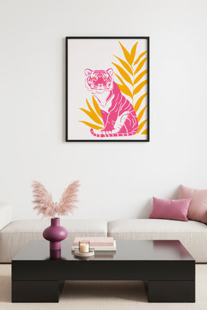Doğal Ahşap Çerçeveli Retro Kaplan Tablo - Pop Art Hayvan İllüstrasyonu | huhu2522