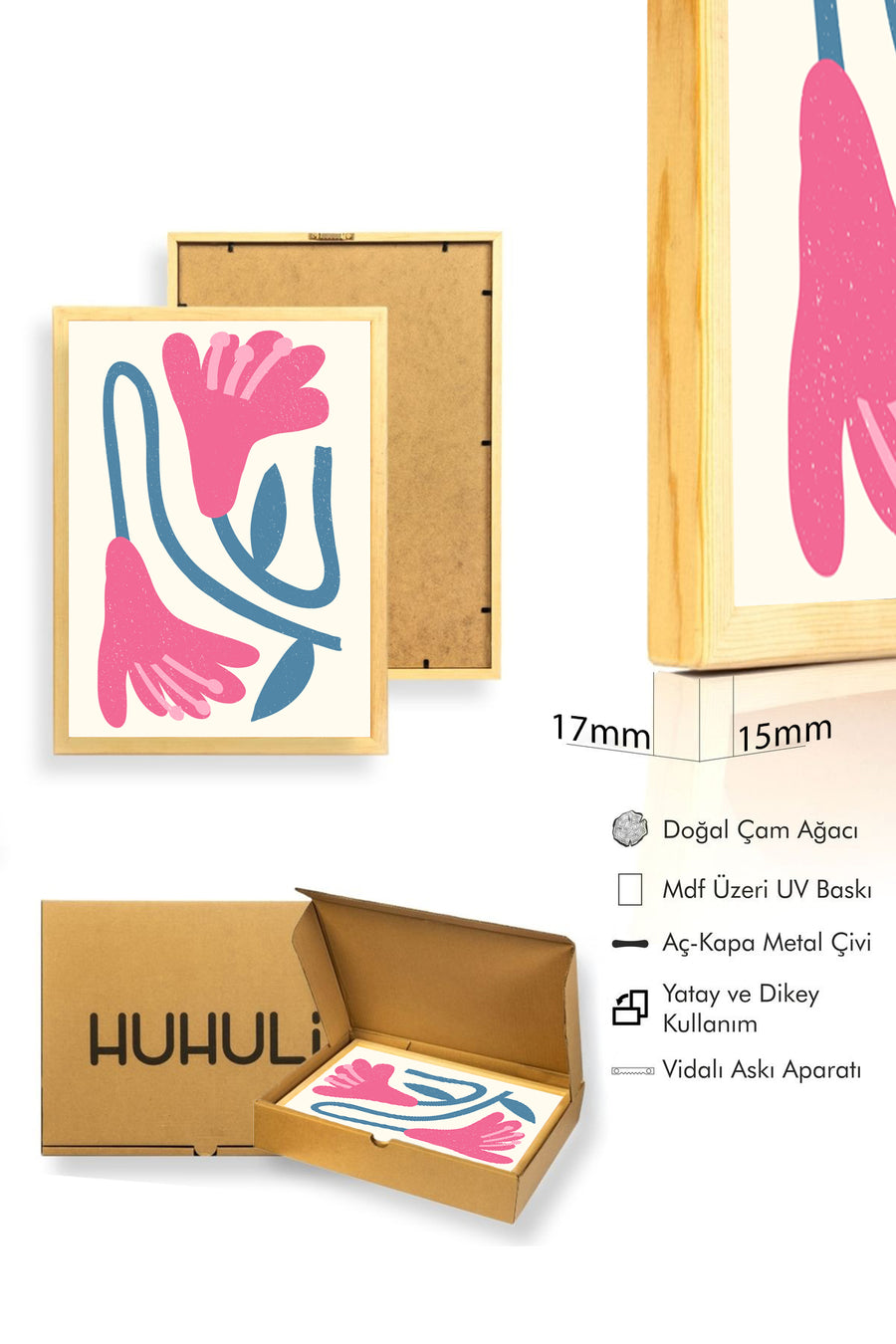 Doğal Ahşap Çerçeveli Retro Çiçek Tablo - Pembe ve Mavi Floral Desen | huhu2523