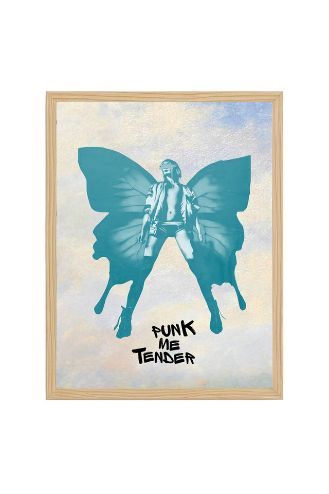 Doğal Ahşap Çerçeveli Retro Pop Art Kelebek Tablo - Punk Kız Figürü | huhu2524