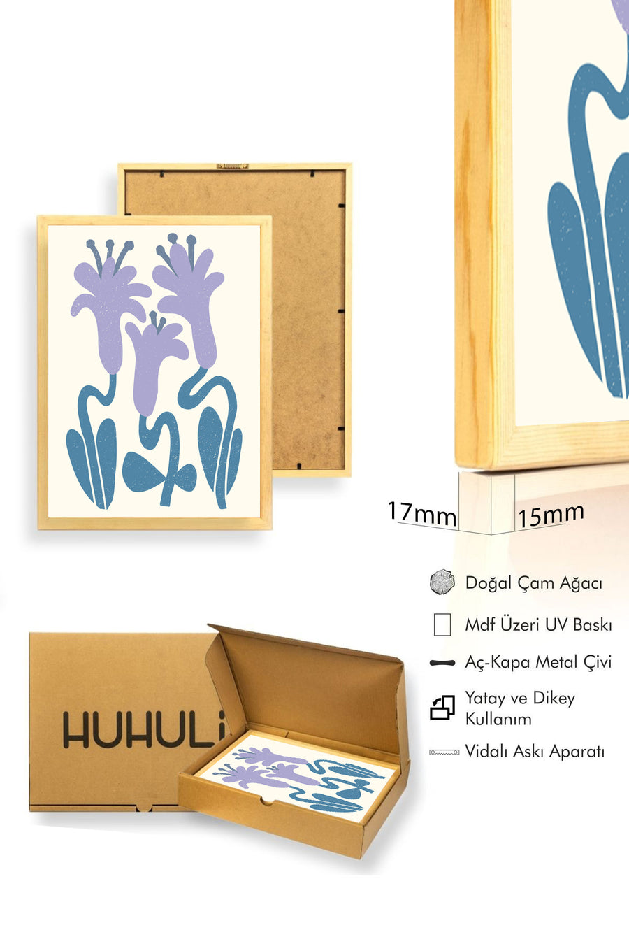 Doğal Ahşap Çerçeveli Retro Floral Tablo - Lavanta ve Mavi Bitki Desenli | huhu2527