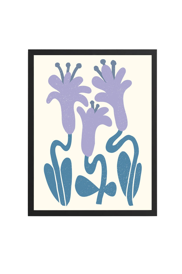 Doğal Ahşap Çerçeveli Retro Floral Tablo - Lavanta ve Mavi Bitki Desenli | huhu2527