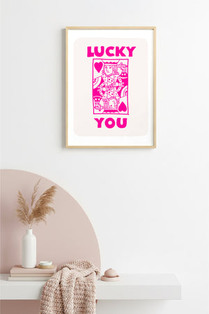 Doğal Ahşap Çerçeveli Retro Pop Art Tablo - Lucky You Kalp Tasarımı | huhu2528