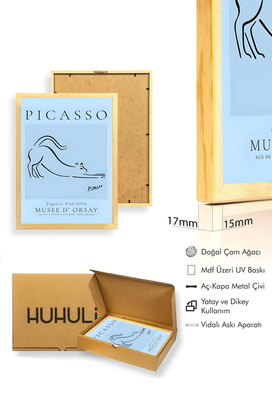 Doğal Ahşap Çerçeveli Line Art Kedi Tablo - Picasso Tarzı Minimalist | huhu2533