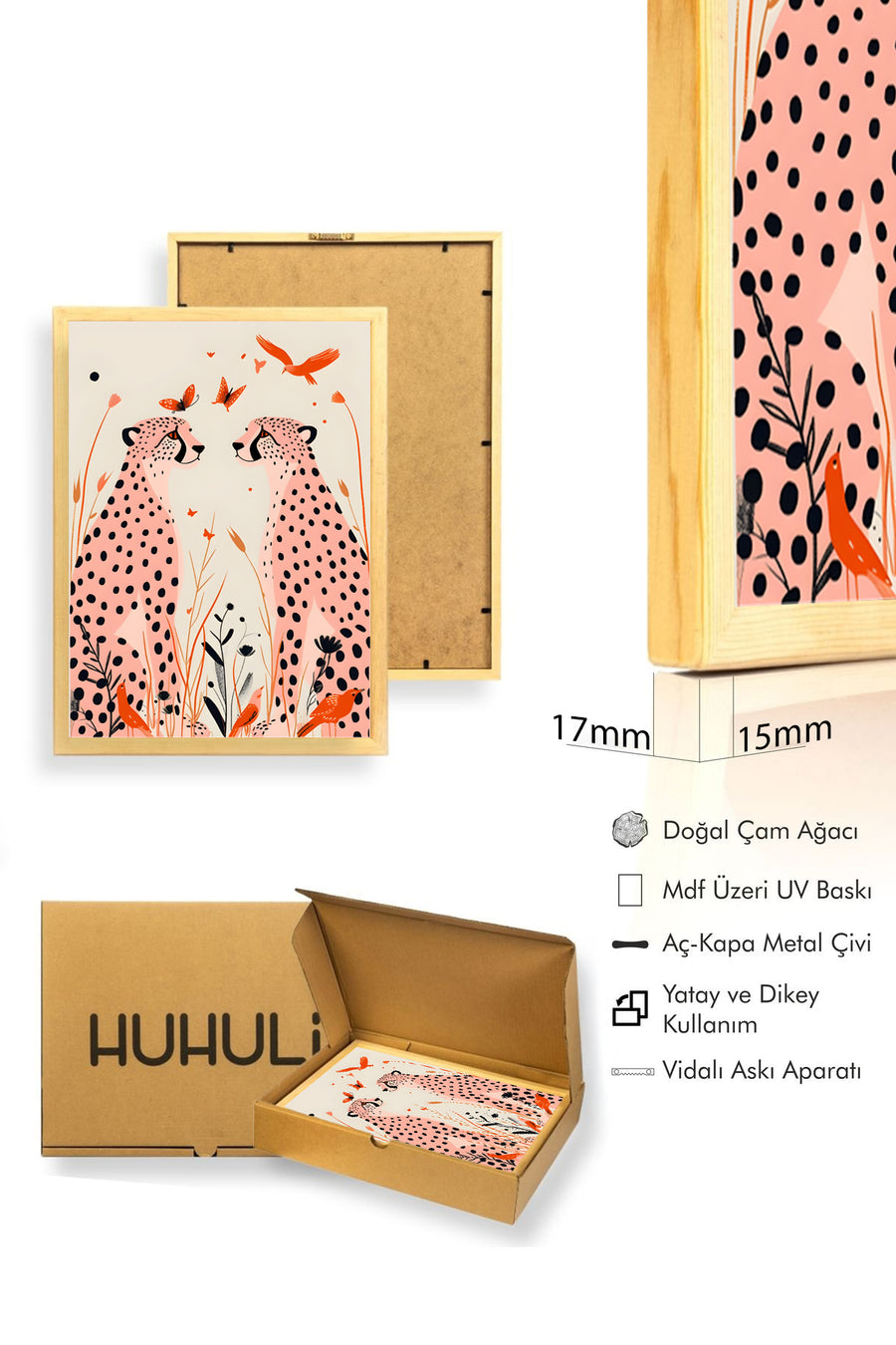 Doğal Ahşap Çerçeveli Retro Leopar Tablo - Safari Hayvanları Portresi | huhu2534