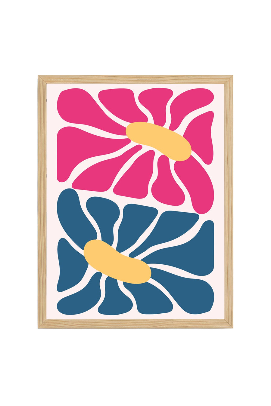 Doğal Ahşap Çerçeveli Retro Soyut Tablo - Pembe ve Mavi Floral Desen | huhu2536