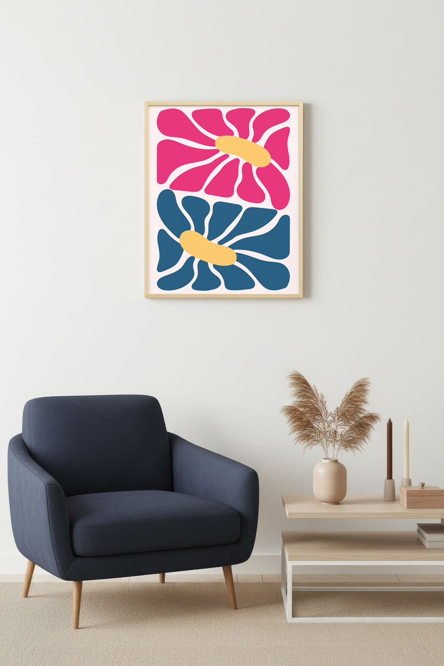 Doğal Ahşap Çerçeveli Retro Soyut Tablo - Pembe ve Mavi Floral Desen | huhu2536