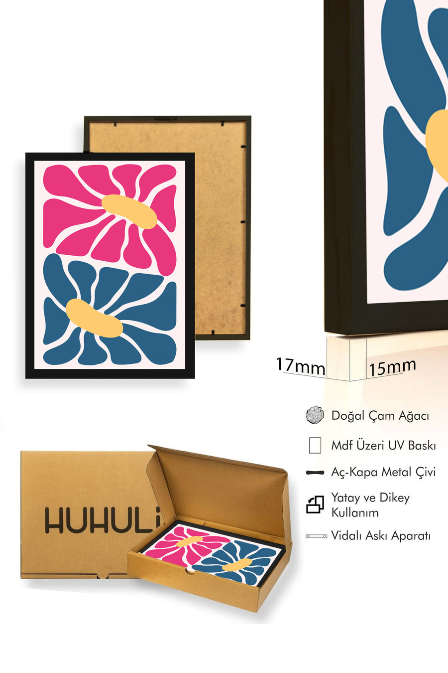Doğal Ahşap Çerçeveli Retro Soyut Tablo - Pembe ve Mavi Floral Desen | huhu2536