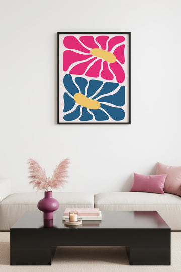 Doğal Ahşap Çerçeveli Retro Soyut Tablo - Pembe ve Mavi Floral Desen | huhu2536