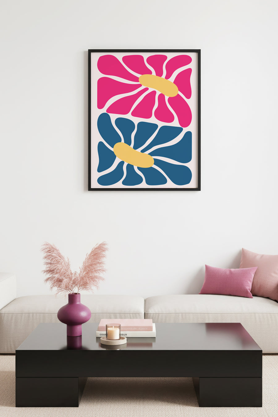 Doğal Ahşap Çerçeveli Retro Soyut Tablo - Pembe ve Mavi Floral Desen | huhu2536