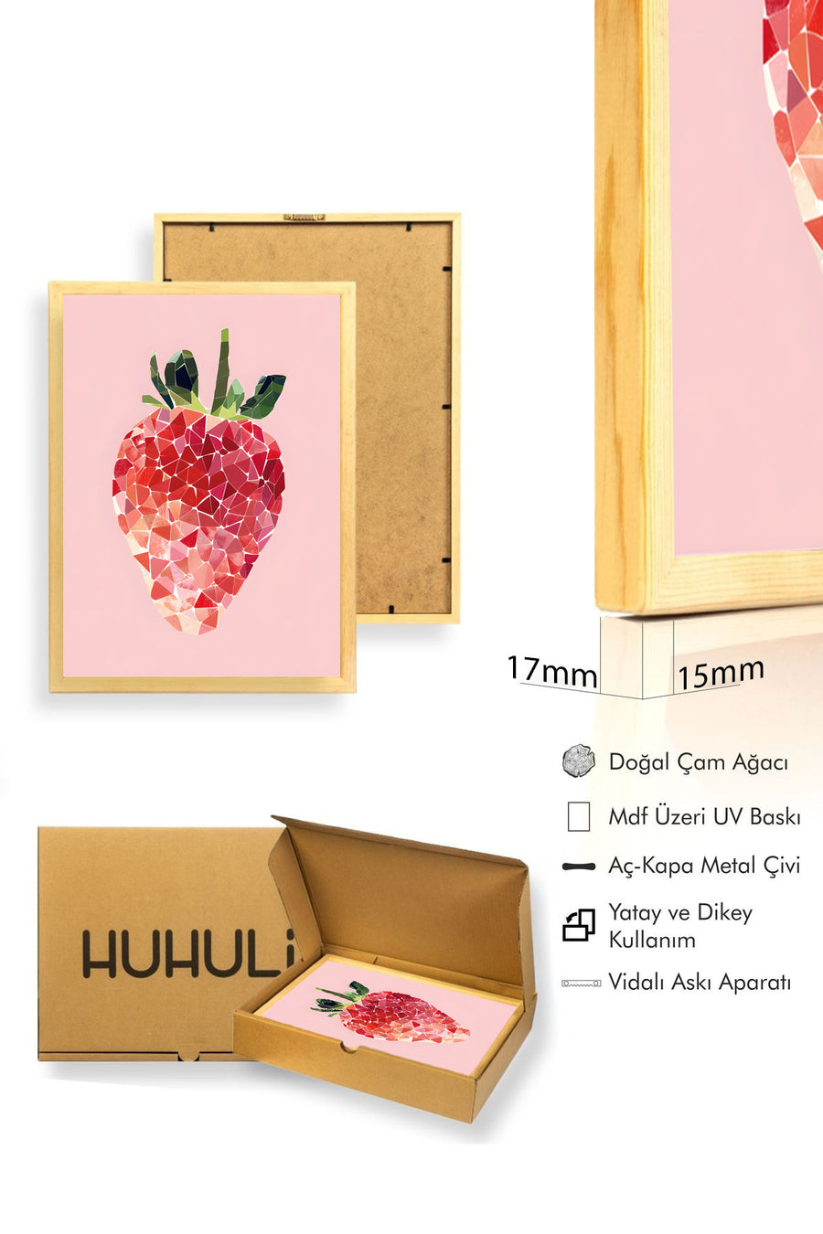 Doğal Ahşap Çerçeveli Retro Çilek Tablo - Geometrik Desen | huhu2539