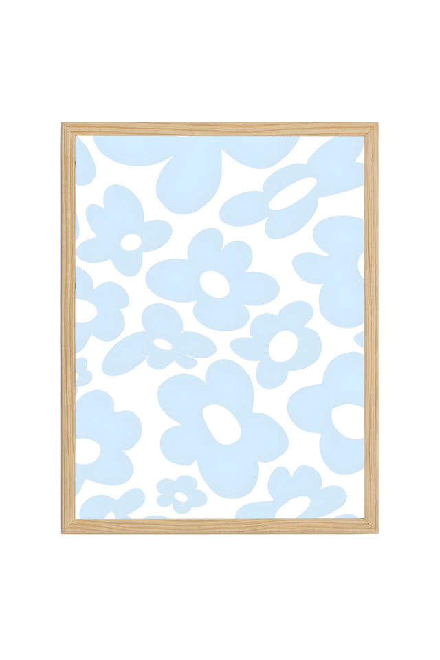 Doğal Ahşap Çerçeveli Retro Tablo - Pastel Mavi Çiçek Desenli | huhu2542